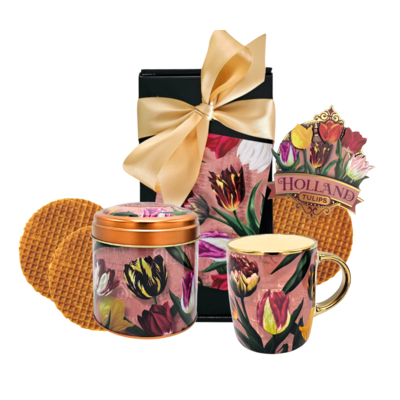 Typisch Hollands Holland-Geschenkset – Becher und Dose mit Stroopwafels – Pretty Tulips – in luxuriöser Geschenkbox