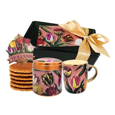 Typisch Hollands Holland-Geschenkset – Becher und Dose mit Stroopwafels – Pretty Tulips – in luxuriöser Geschenkbox