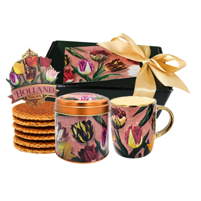 Typisch Hollands Holland-Geschenkset – Becher und Dose mit Stroopwafels – Pretty Tulips – in luxuriöser Geschenkbox