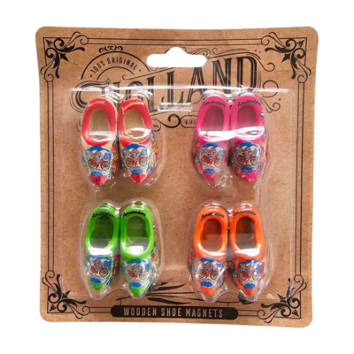 Typisch Hollands Clog magnets - Discount card 4 pieces - Green-Orange-Pink and Blank with red sole