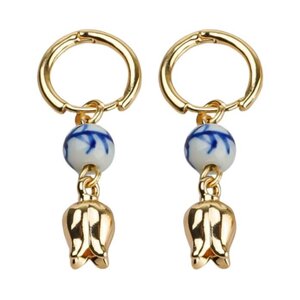 Heinen Delfts blauw Oorbellen bedels tulpen en kralen