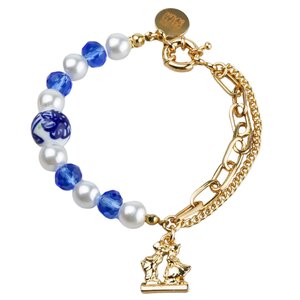 Typisch Hollands Bedelarmband - Delfts blauw - Kuspaar blauw-wit en Delfts blauwe kralen