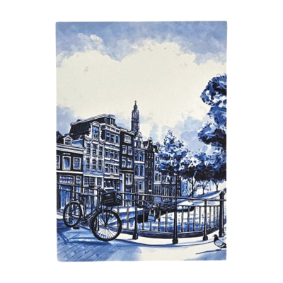 Typisch Hollands Dubbele wenskaart - Delfts blauw - Grachtenhuizen - brug fiets