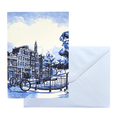 Typisch Hollands Dubbele wenskaart - Delfts blauw - Grachtenhuizen - brug fiets