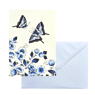 Typisch Hollands Doppelte Grußkarte - Delfter Blau - Blüte, Schmetterlinge