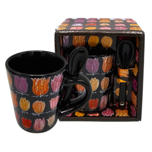 Memoriez Espresso mug with spoon in gift boxes - Tulips - Black