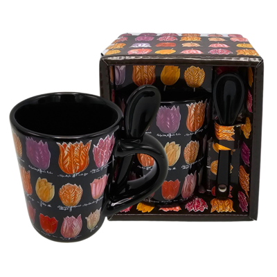Memoriez Espresso mug with spoon in gift boxes - Tulips - Black
