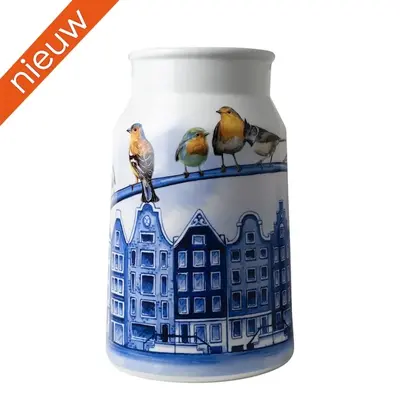 Heinen Delftware Stylish vase 30 cm - Milk can - Canal houses and birds