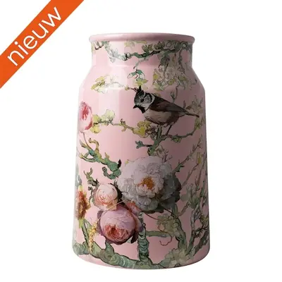 Heinen Delftware Stylish vase 30 cm - Milk can - Forest birds - Pink