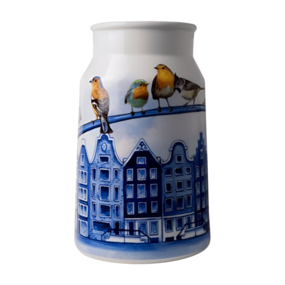 Heinen Delftware Stylish vase 30 cm - Milk can - Canal houses and birds
