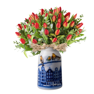 Heinen Delftware Stijlvolle vaas 30 cm - Melkbus - Grachtenhuizen en vogels