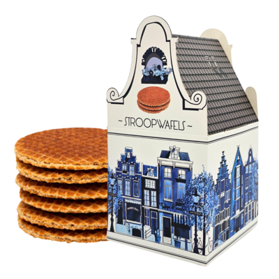 Typisch Hollands Stroopwafels in Gevelhuisje (house-box) Delft blue