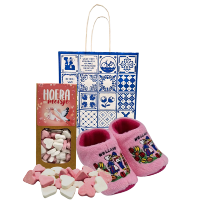 typisch-hollands-geschenkpakket Baby-Geschenkpaket (0-6 Monate) – Holland – Pink