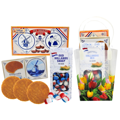 Typisch Hollands Holland PVC-Geschenktüte mit Tulpenmotiv – 3 Holland-Leckereien