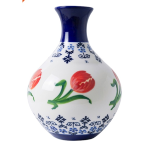 Heinen Delftware Belly vase Delft blue floral motif and orange tulips 19cm