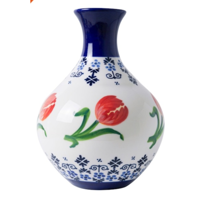 Heinen Delfts blauw Belly vase Delft blue floral pattern and orange tulips 19cm