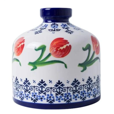 Heinen Delftware Vaas rond - Delfts blauw met oranje tulp