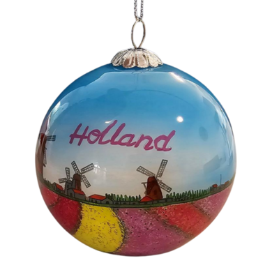 Typisch Hollands Weihnachtskugel in luxuriöser Geschenkbox – Mühle in Tulpenlandschaft