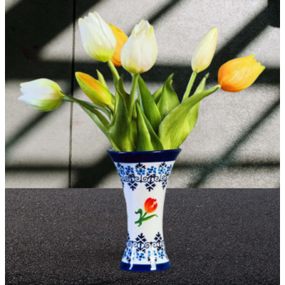 Heinen Delftware Delfts blauw kelkvaasje met oranje tulpen (12cm)