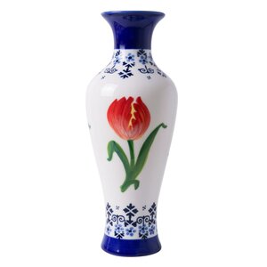 Heinen Delftware Schlanke Vase in Delfter Blau mit orangefarbenen Tulpen, 20 cm