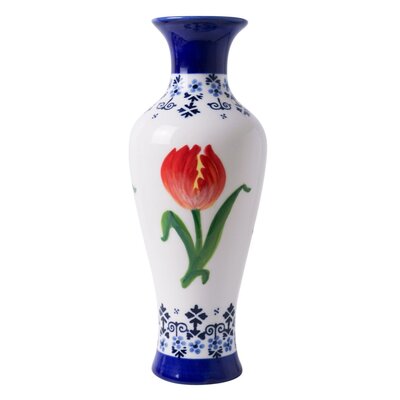 Heinen Delftware Schlanke Vase in Delfter Blau mit orangefarbenen Tulpen, 20 cm