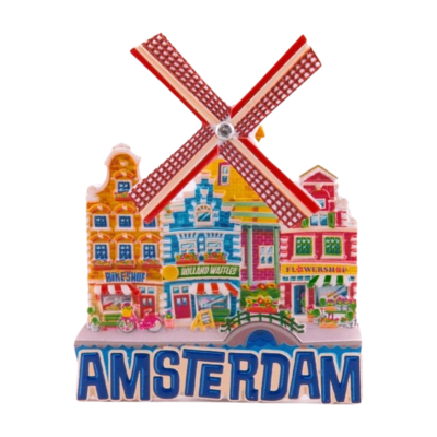 Typisch Hollands Magneet  gevelhuizen  en molen  - Amsterdam - Blauw