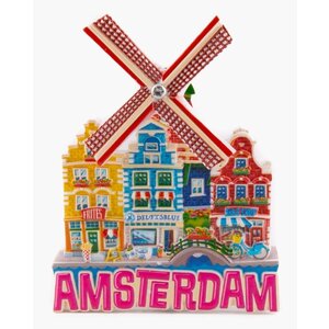 Typisch Hollands Magneet gevelhuizen en molen - Amsterdam - Roze