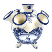 Heinen Delfts blauw Delft blue tulip vase on legs - Dutch mill landscape - small