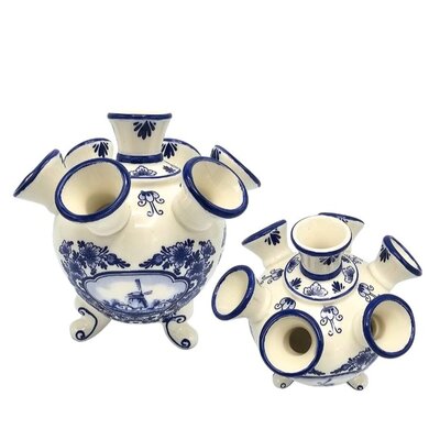 Heinen Delfts blauw Delft blue tulip vase on legs - Dutch mill landscape - small