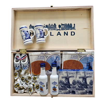 www.typisch-hollands-geschenkpakket.nl Geschenkbox – (Getränkebecher aus Porzellan), Likörkarten und Stroopwafels