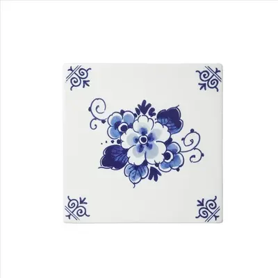 Heinen Delfts blauw Delfts blauwe tegel  met bloemmotief