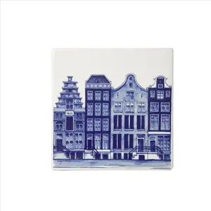 Heinen Delftware Delftsblauwe tegel met Amsterdamse grachtenpanden - 4 huizen