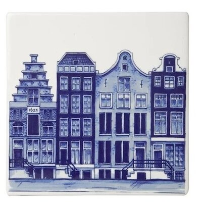 Heinen Delfts blauw Delftsblauwe tegel met Amsterdamse grachtenpanden - 4 huizen