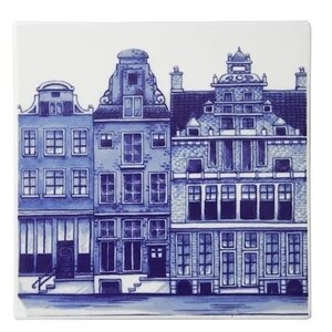 Heinen Delfts blauw Delft blue tile with Amsterdam canal houses - 3 houses