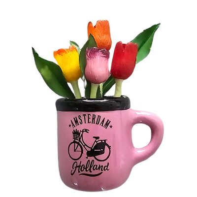Typisch Hollands Magnet - Halbbecher mit Tulpen - Rosa - Fahrrad - Holland-Amsterdam