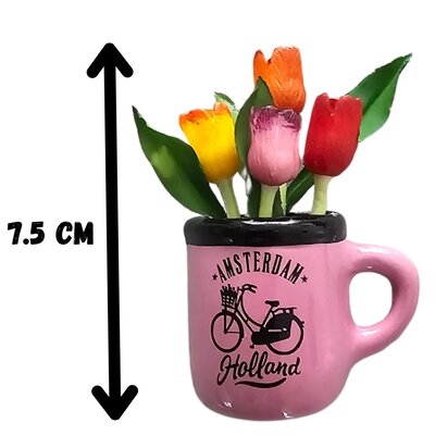 Typisch Hollands Magneet - Halve mok met tulpen - Roze - Fiets- Holland-Amsterdam