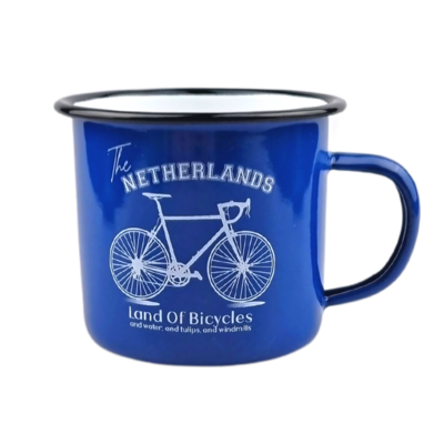 Typisch Hollands Emaille mok Blauw bike the Netherlands