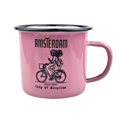 Typisch Hollands Emaillebecher Rosa Mädchen auf dem Fahrrad