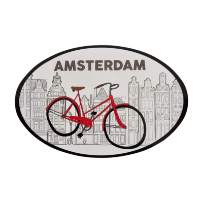 Typisch Hollands Aufkleber oval - Amsterdam - Fassadenhäuser und Fahrrad