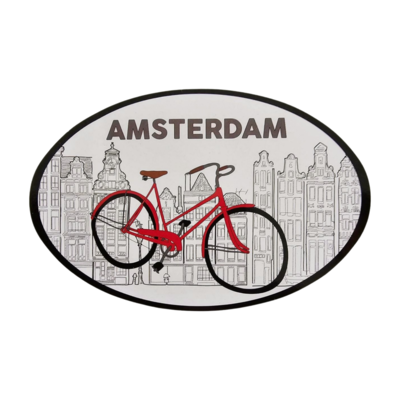 Typisch Hollands Sticker oval - Amsterdam - facade houses and bicycle