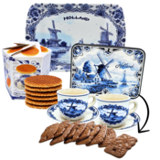 Typisch Hollands Geschenkset mit Tassen und Untertassen, Tablett und Keksdose
