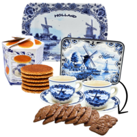 Typisch Hollands Geschenkset mit Tassen und Untertassen, Tablett und Keksdose