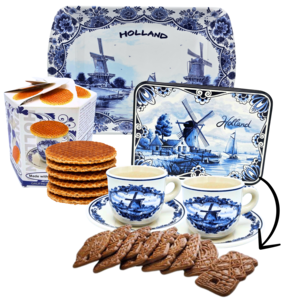 Typisch Hollands Geschenkpaket mit Tassen und Untertassen, Tablett und Keksdose