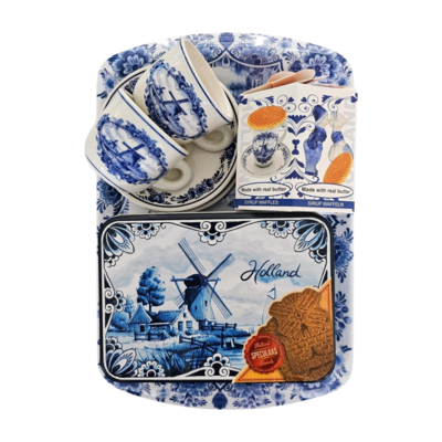 Typisch Hollands Geschenkset mit Tassen und Untertassen, Tablett und Keksdose