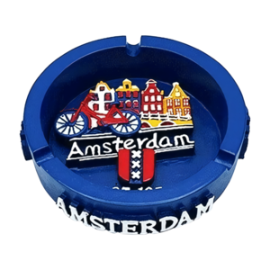 Typisch Hollands Asbak Amsterdam -Blauw in strak reliëf-design -Fiets en gevelhuisjes 10cm