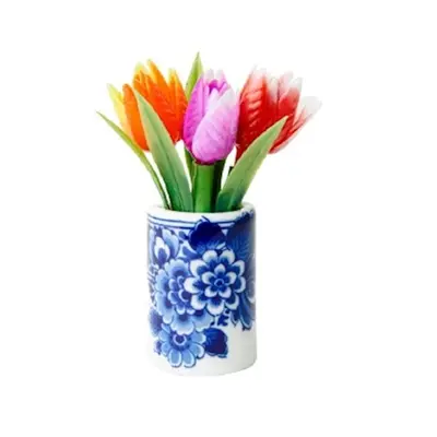 Heinen Delfts blauw Magnet - Delft blue flower pot with tulips