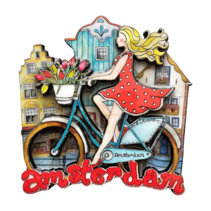 Typisch Hollands Magneet  Grachtenhuisjes - Dame op fiets