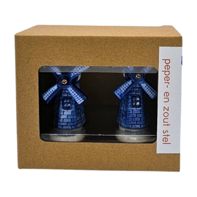 Heinen Delfts blauw Peper en Zoutvaatjes Holland - Molens