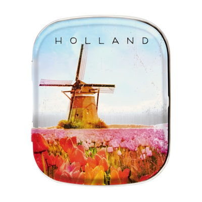 Typisch Hollands Mini-Dose mit Pfefferminzbonbons, holländische Windmühlenlandschaft – Vintage
