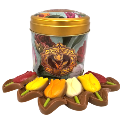 Typisch Hollands Chocolate tulips in a Dutch cookie or candy tin.